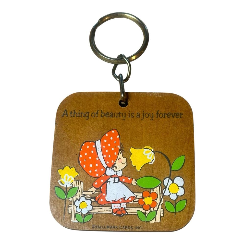 Vintage Hallmark Wood Keychain A Thing of Beauty Is a Joy Forever Girl Flowers